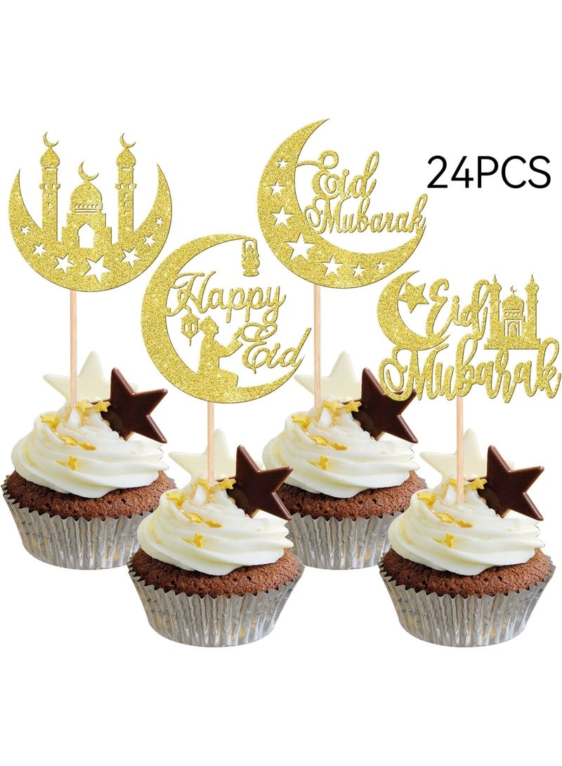 24 قطعة من زينة الكب كيك الذهبية المتلألئة بمناسبة عيد مبارك، زينة كعكة عيد رمضان كريم، مستلزمات حفلات إسلامية مسلمة - Image 1